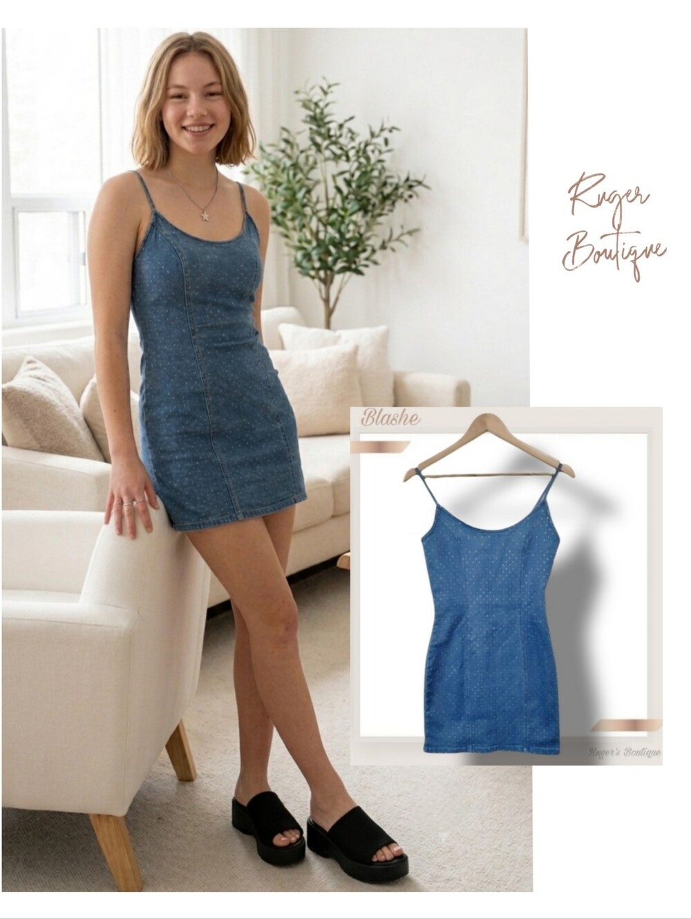 🌿Blāshe Womens Denim Rhinestone 90s Style Spaghetti Strap Mini Dress Size Small